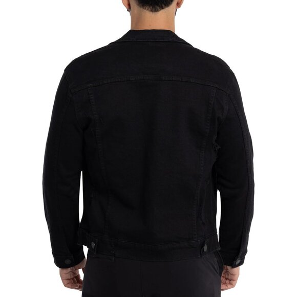 Mens Jet Black Denim Jacket Washed Ripped Distressed Stretch Casual Trucker - Picture 2 of 9